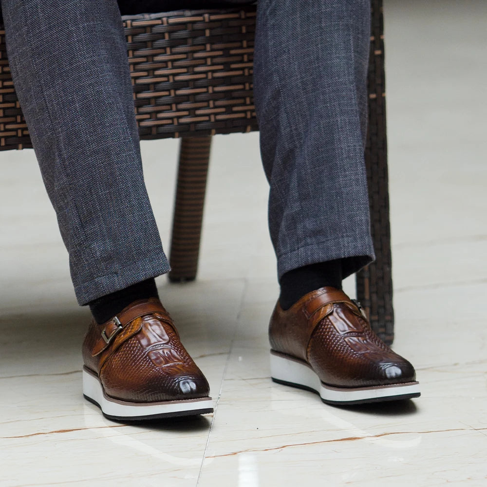 Classic black monk strap dress shoes with genuine crocodile leather and PU comfort insole