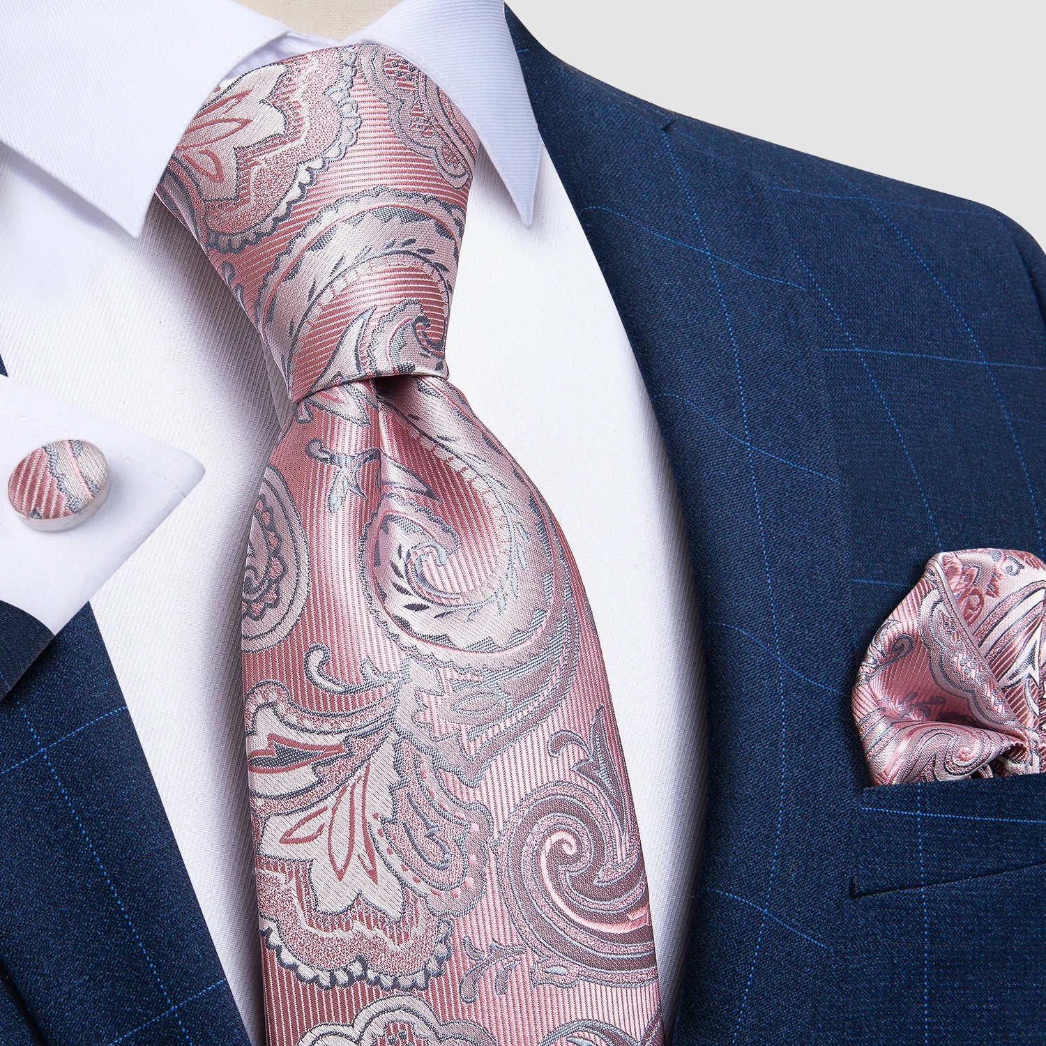 Wedding ready silk tie set with intricate blue red paisley weave