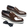 Black patent leather slip-on loafers with glossy finish for men