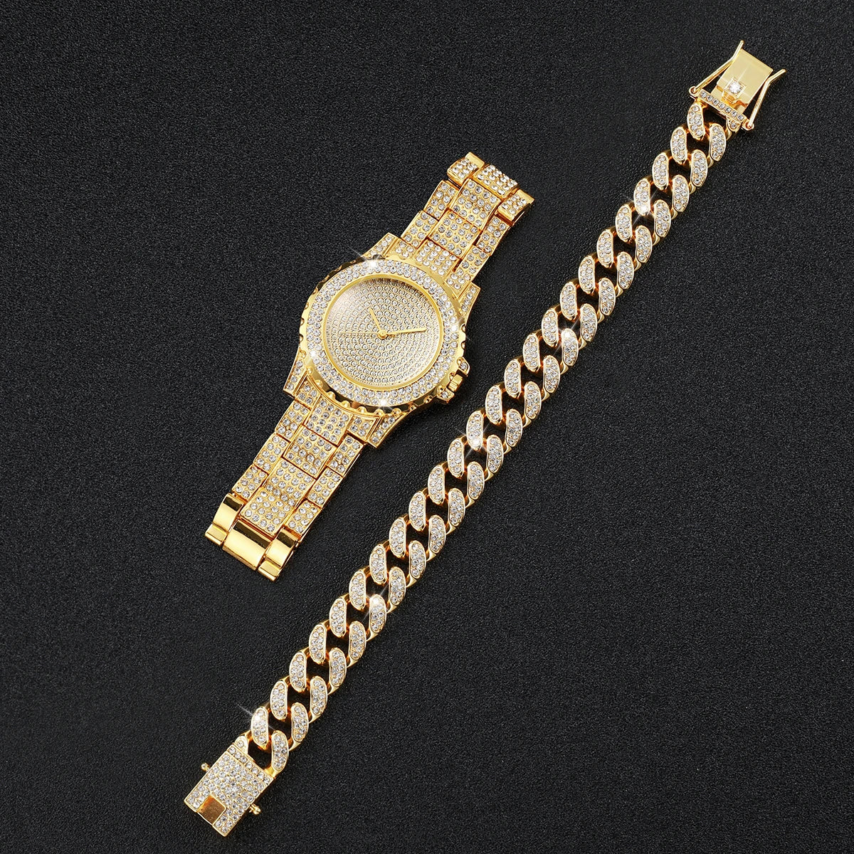 Stylish men's accessories: Golden Hour Brilliance timepiece and bracelet duo.