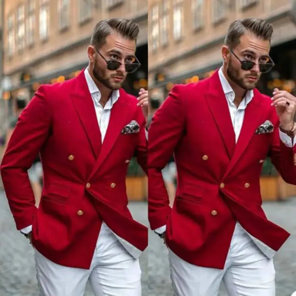 Crimson wedding blazer with peak lapels and double-breasted design, made from cotton and wool blend.