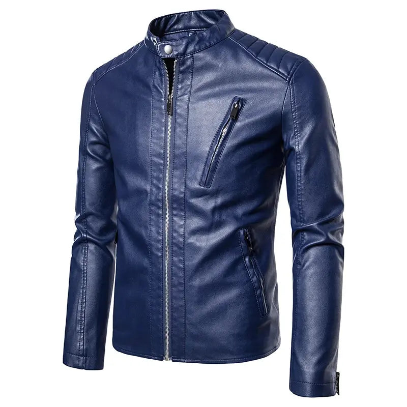 Close-up of the zipper closure on the Urban Sleek leather jacket, showcasing its sleek design.