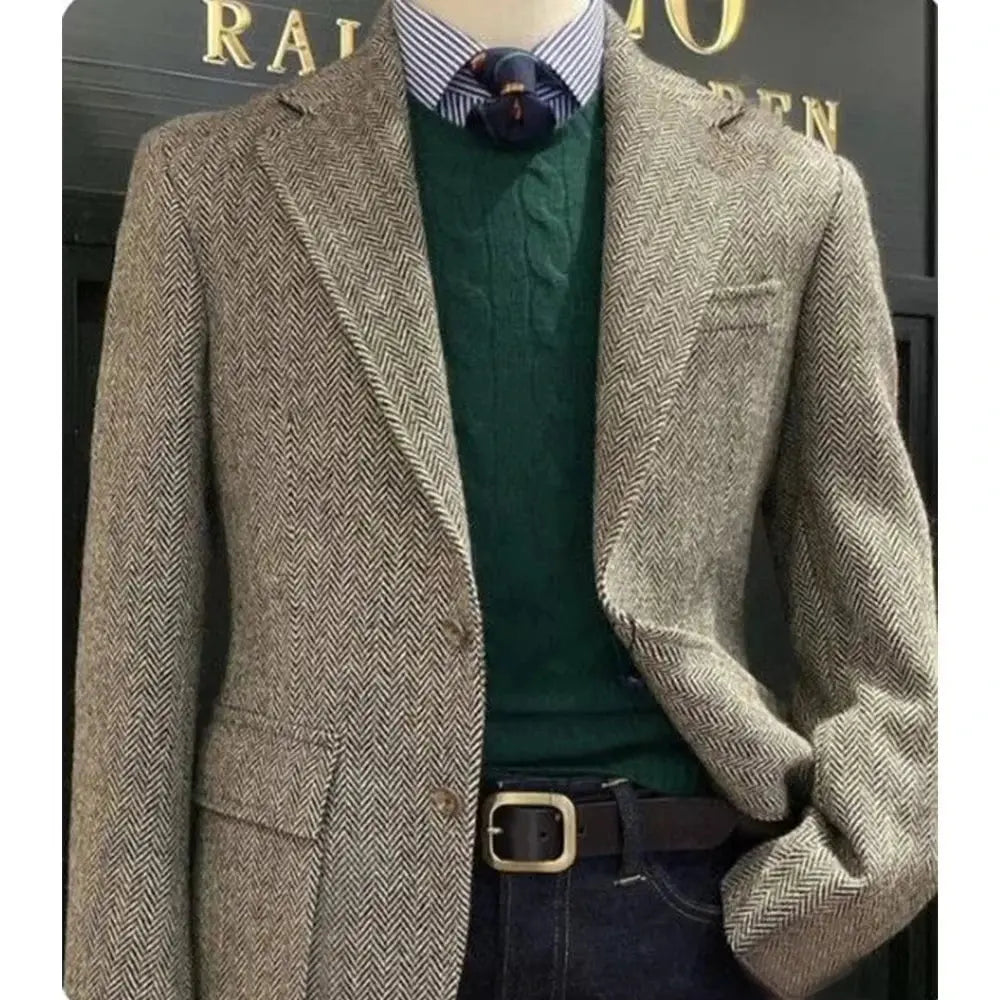 Herringbone blazer in charcoal gray, tailored fit for a sophisticated look.