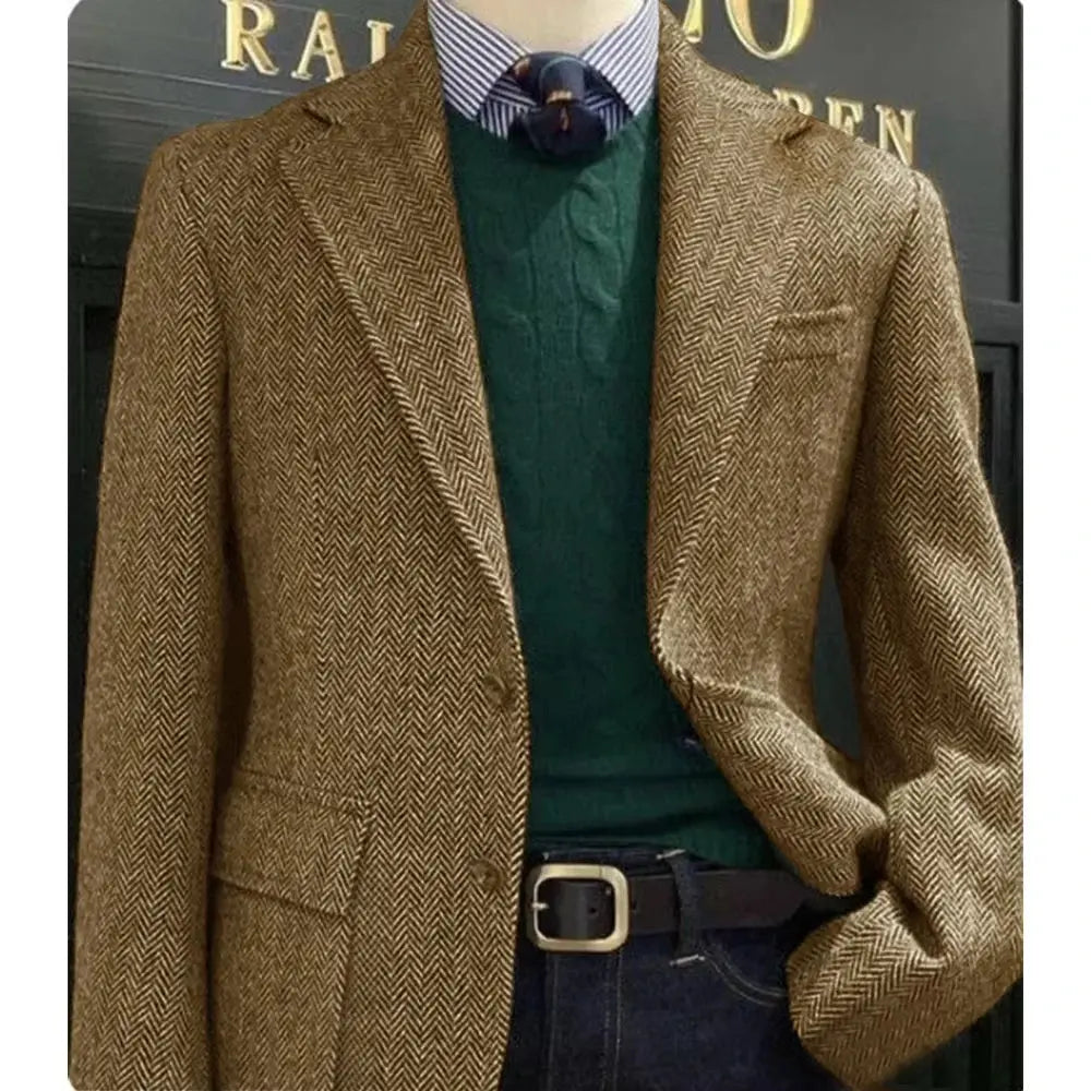 Model showcasing herringbone blazer with a crisp shirt, perfect for professional wardrobe.