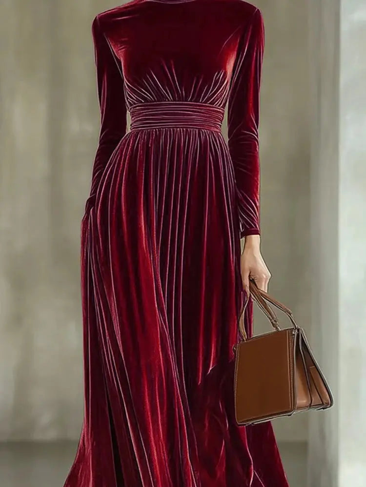 Elegant velvet dress in soft neutral tones with a flattering A-line silhouette.