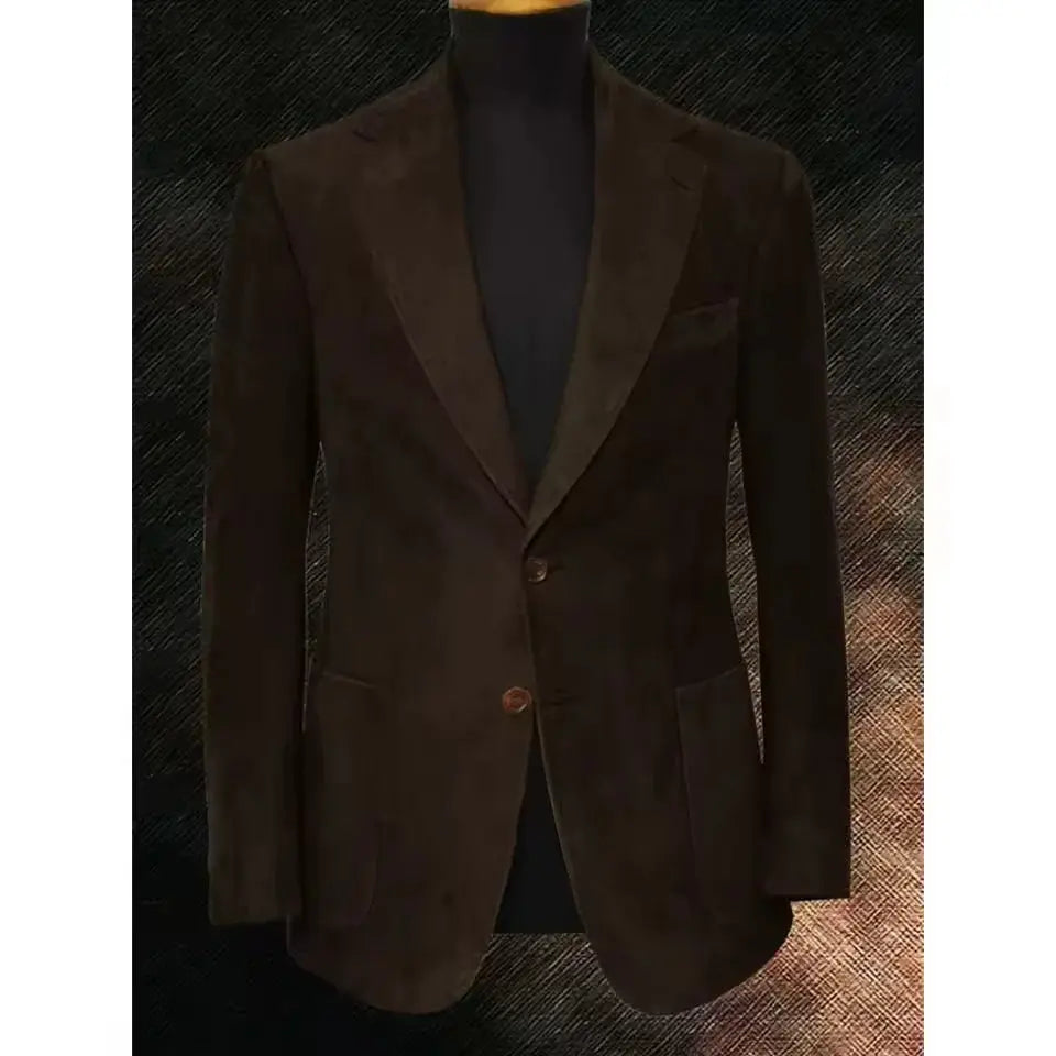 Model wearing tailored suede jacket, exuding confidence in a professional setting.