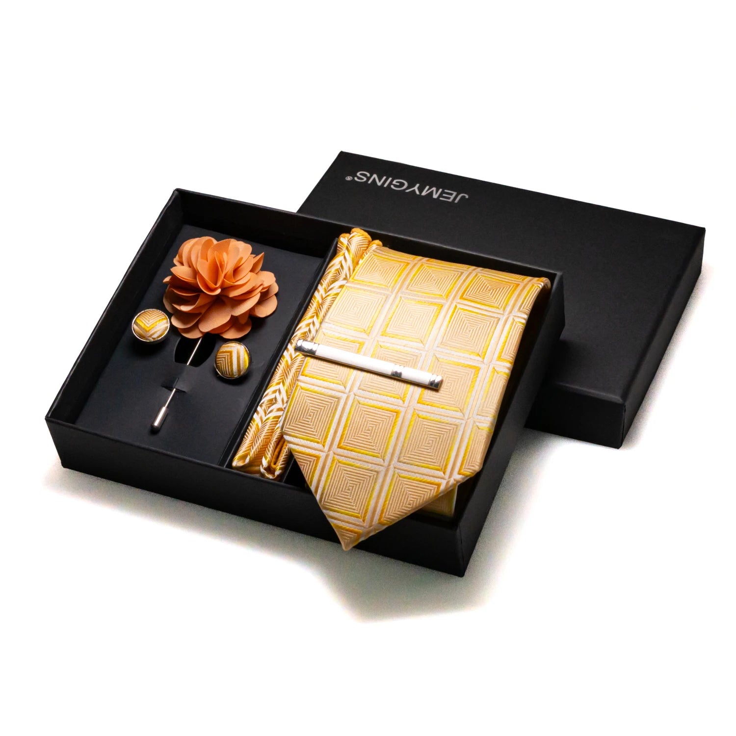 Sophisticated silk tie and cufflink set in warm yellow and orange geometric pattern