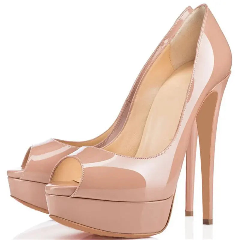 Women's nude patent peep toe platform heels with concealed platform and high stiletto