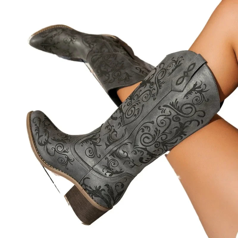 Waterproof embroidered boots with square heel in neutral tone