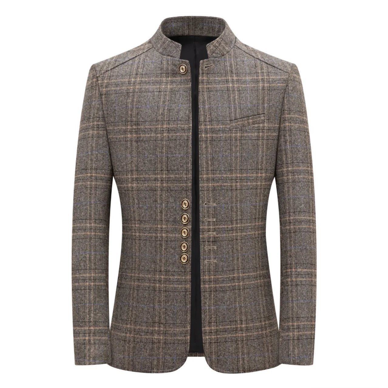 Sleek mandarin collar blazer in vertical stripes, showcasing modern tailoring and slim fit.