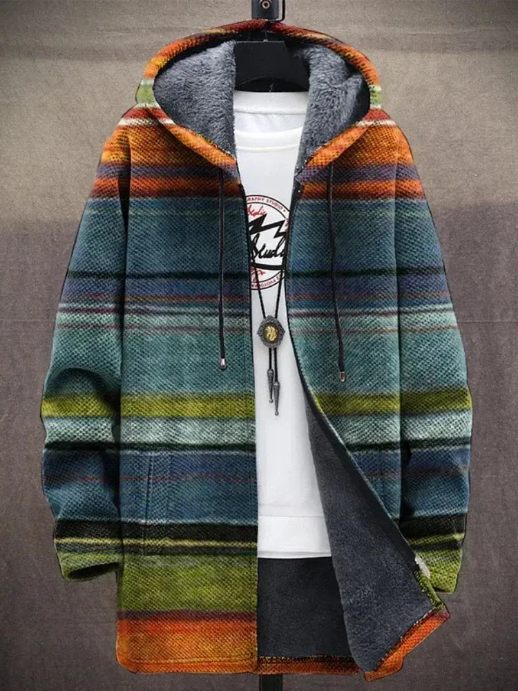 Vibrant winter coat displayed on a hanger, highlighting its artistic graphics.