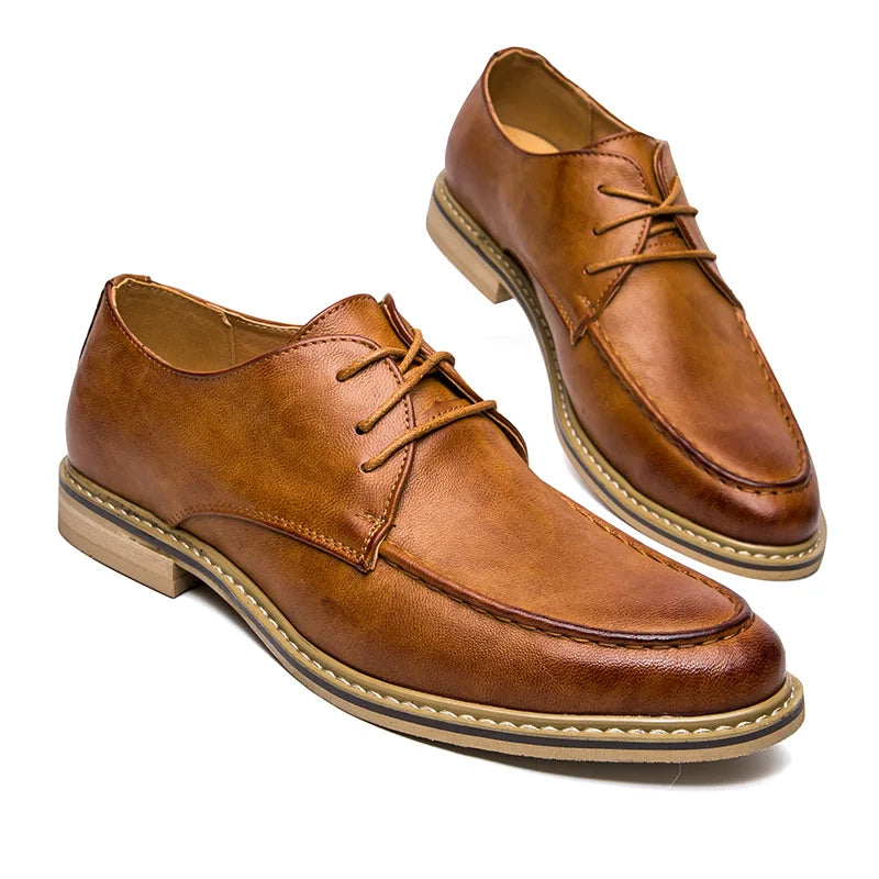 Pair of classic black leather derby shoes featuring pig suede lining and latex foam insole
