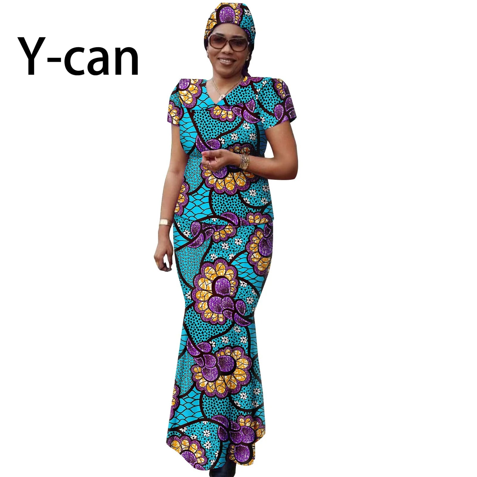 African Women Ankara Print Doll Collar Top, Skirt & Headscarf 3-Piece Set