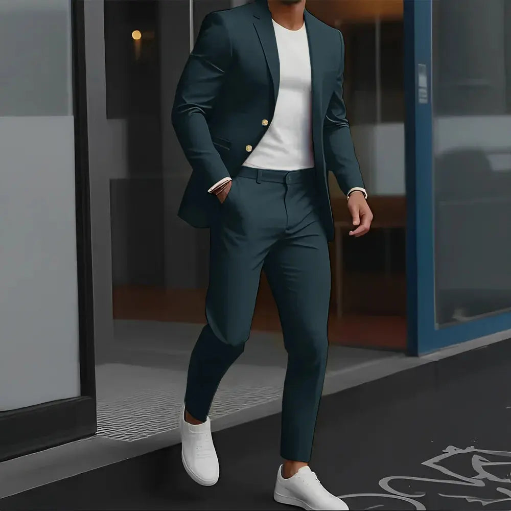 Full-length view of luxe wool suit, ideal for making a statement.