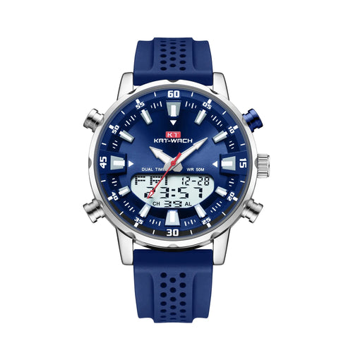 Sleek black Kat-Wach men's quartz watch with dual display and silicone strap.
