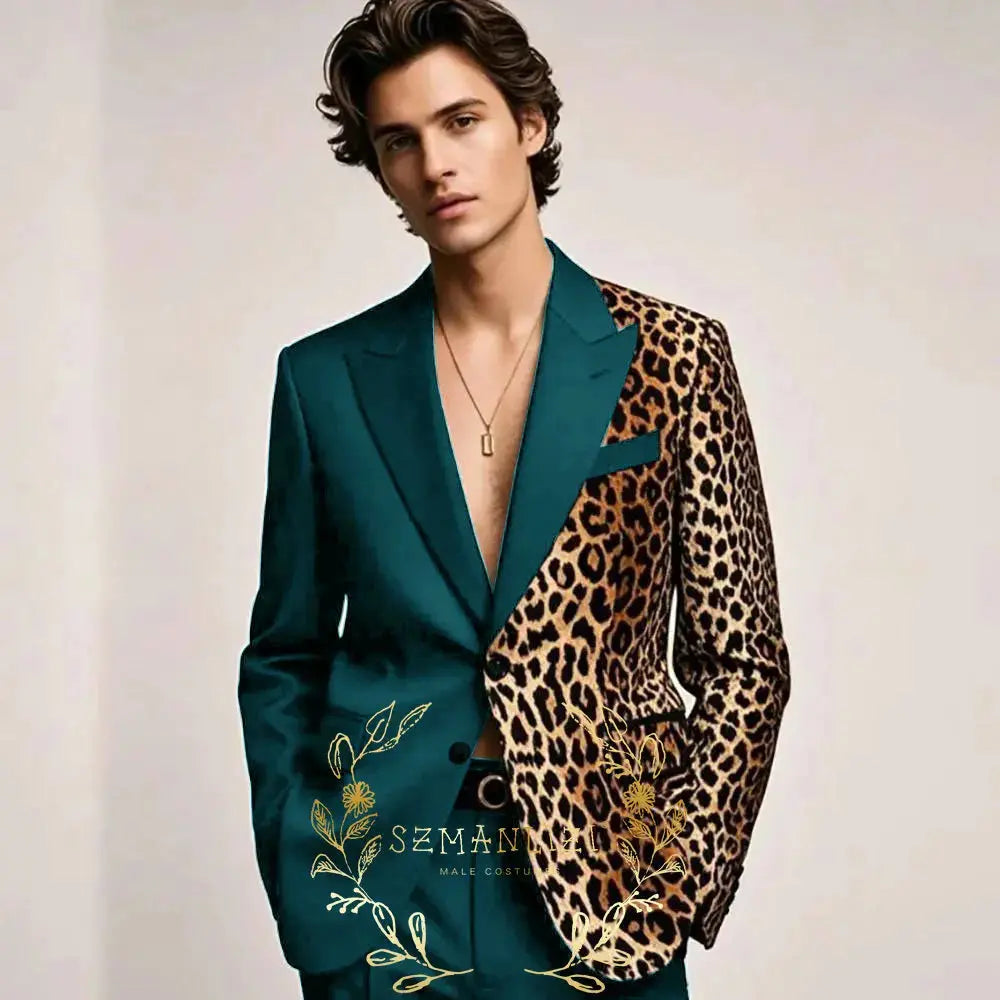 Designer tuxedo featuring bold leopard print lapels and contemporary slim silhouette