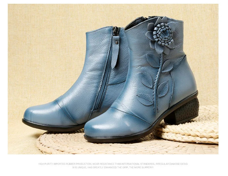 Vintage-inspired floral boots with side zipper and slip-resistant outsole