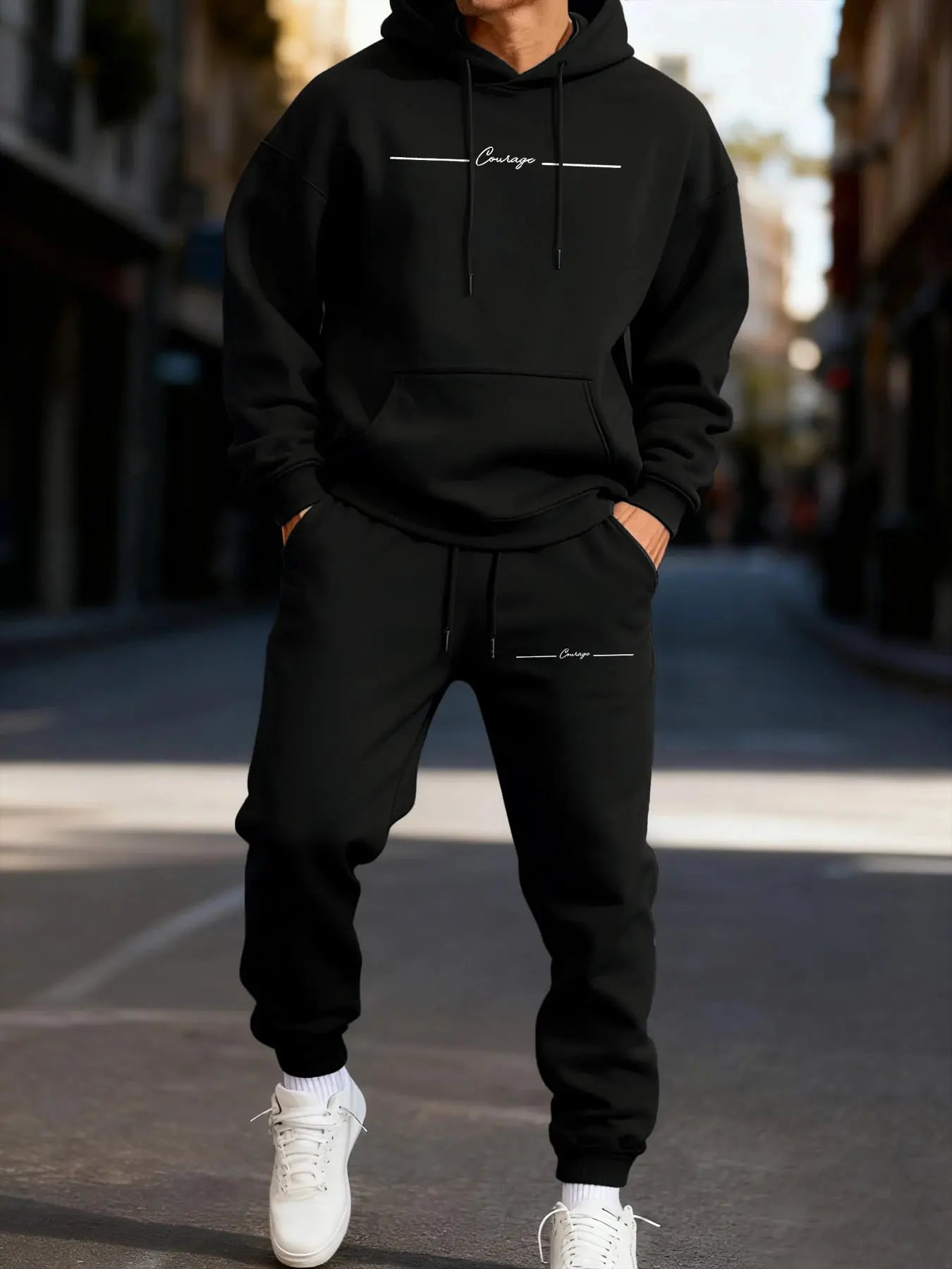 Back view of the Urban Comfort hoodie set highlighting the sleek, modern aesthetic.