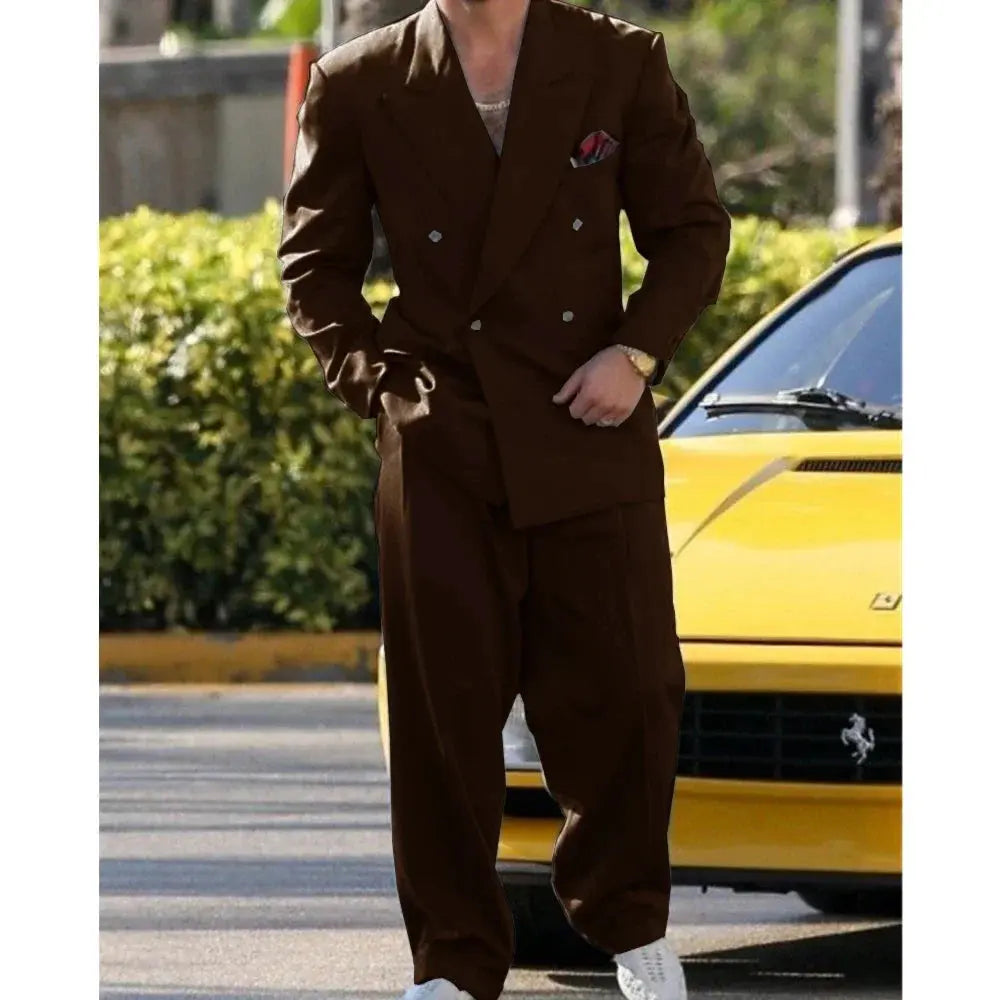 Model showcasing a luxury men's wear suit in classic black.