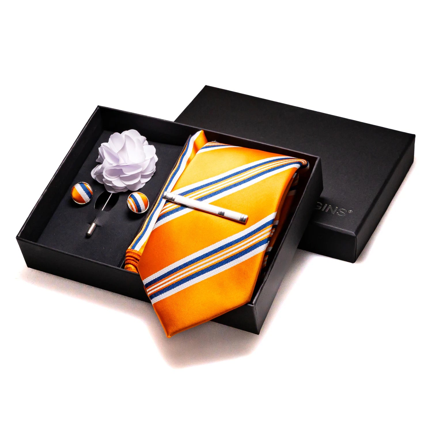 Premium men's accessory gift set featuring silk tie with coordinated hanky and cufflinks
