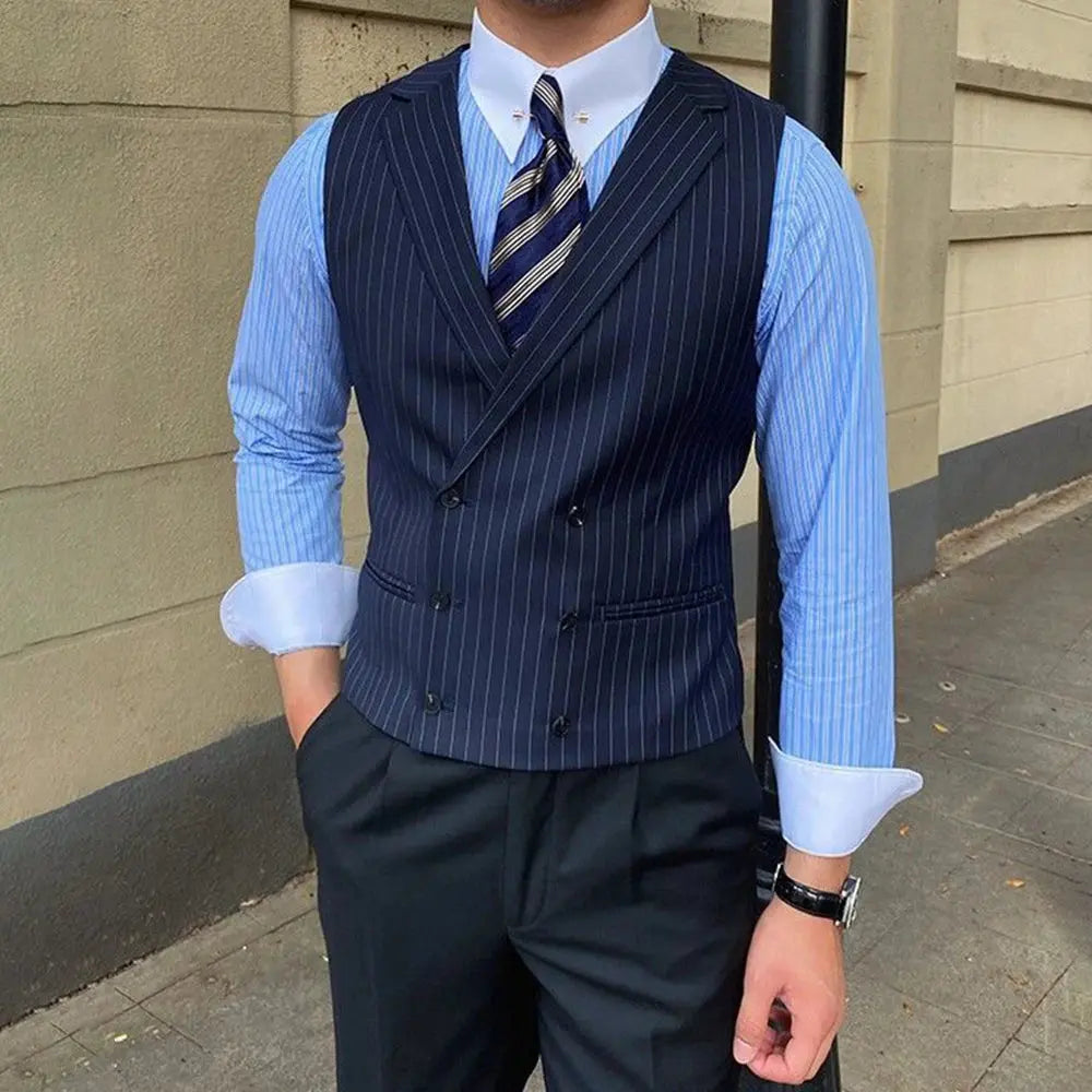 Close-up of the sharp lapel design on a stylish double-breasted vest for office wear.