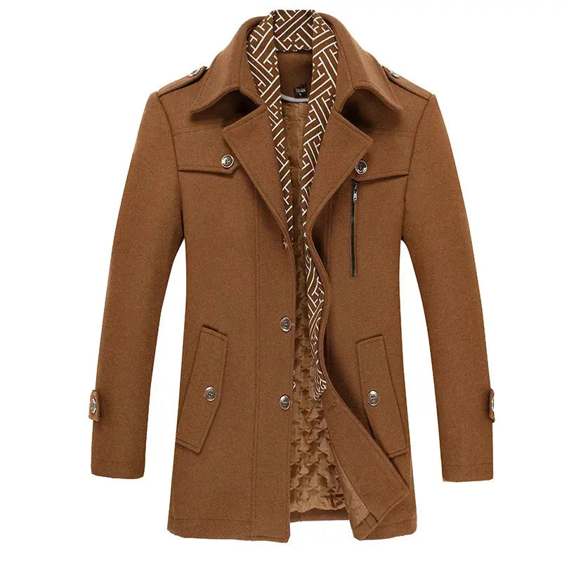 Men's long coat in a rich color, perfect for autumn and winter, combining warmth and style.