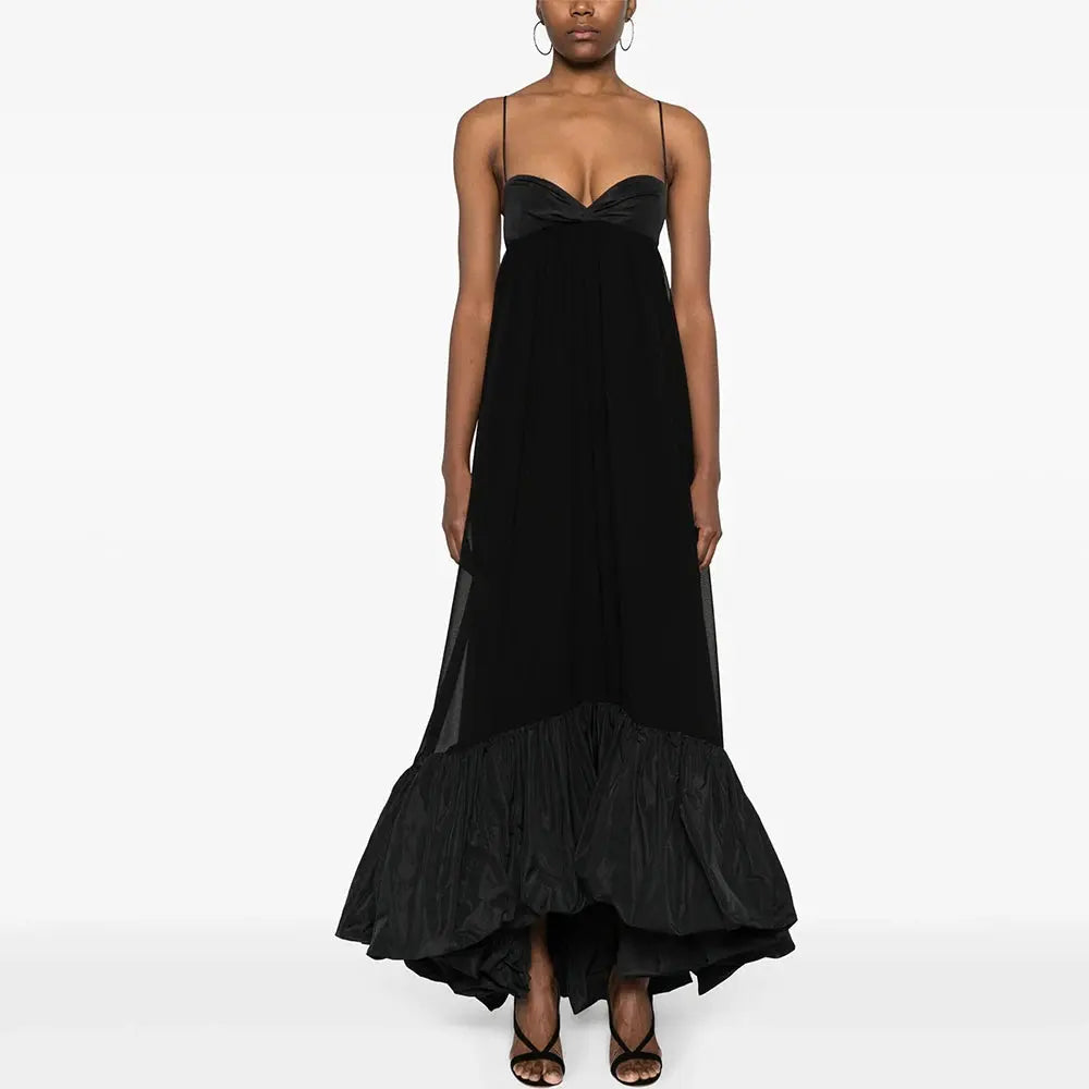Midnight Elegance gown in black satin with a sweetheart neckline and A-line silhouette.