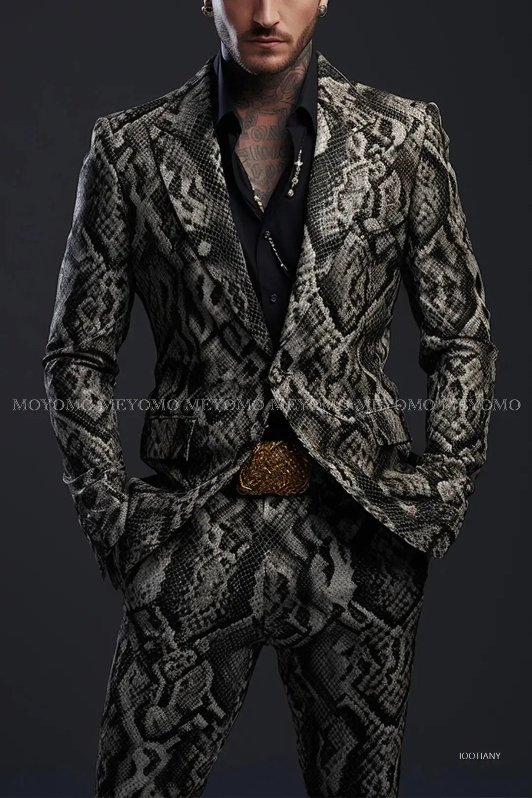 Breathable polyester suit with striking lizard-scale design featuring loose fit jacket and coordinating trousers