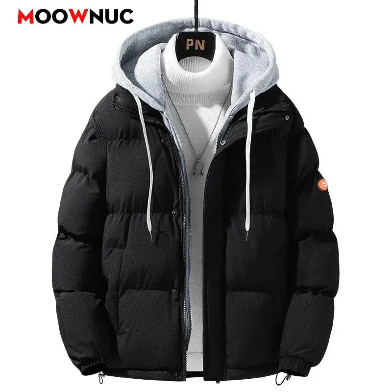 Men's hooded parka in navy blue, featuring a windproof design for winter warmth.