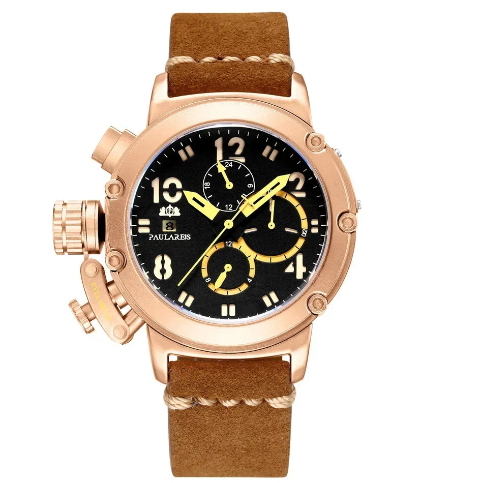 Brown leather strap watch with a classic rose gold bronze finish.