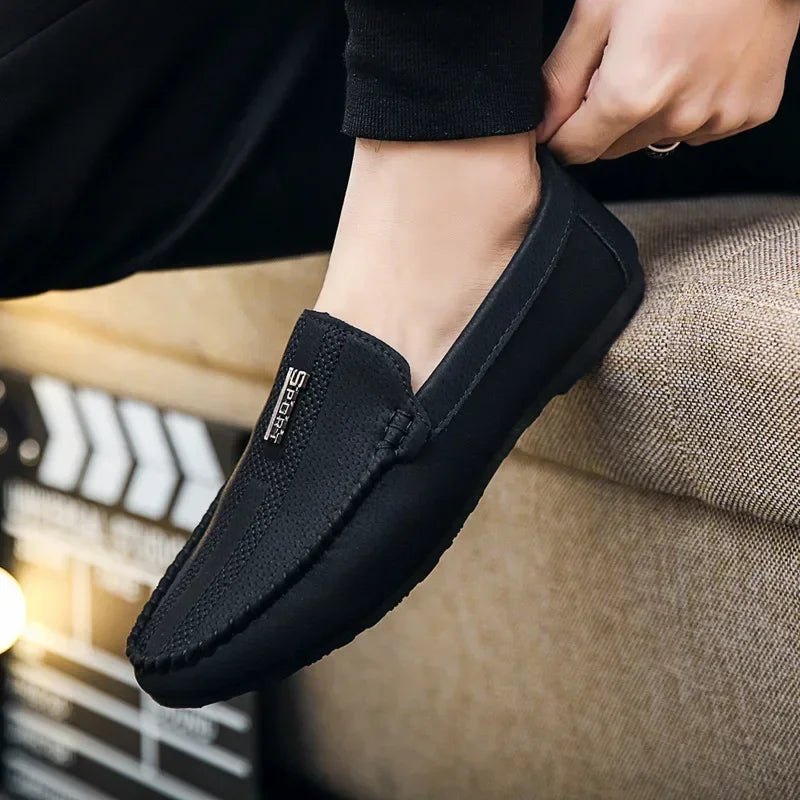Close-up of breathable material and massage insole in seamless transition loafers.