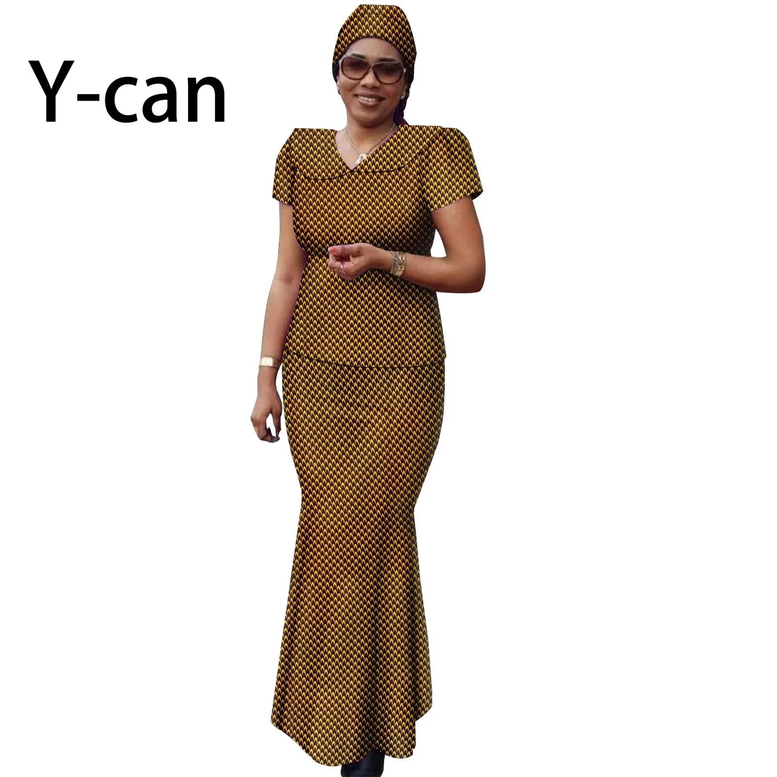 African Women Ankara Print Doll Collar Top, Skirt & Headscarf 3-Piece Set