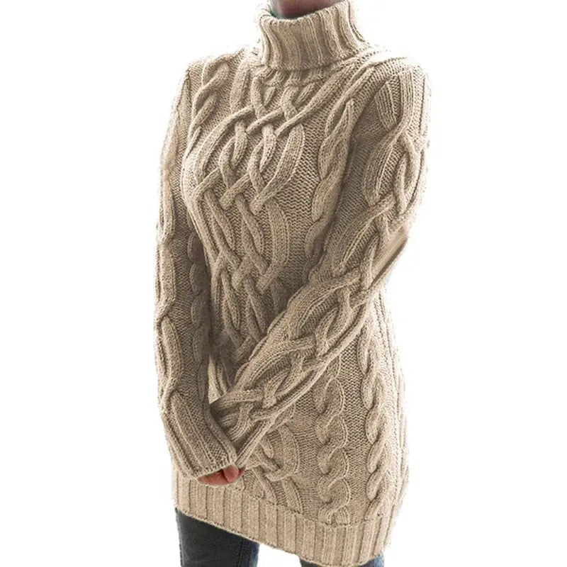 Back view of the turtleneck dress, illustrating its elongated form and flattering silhouette.