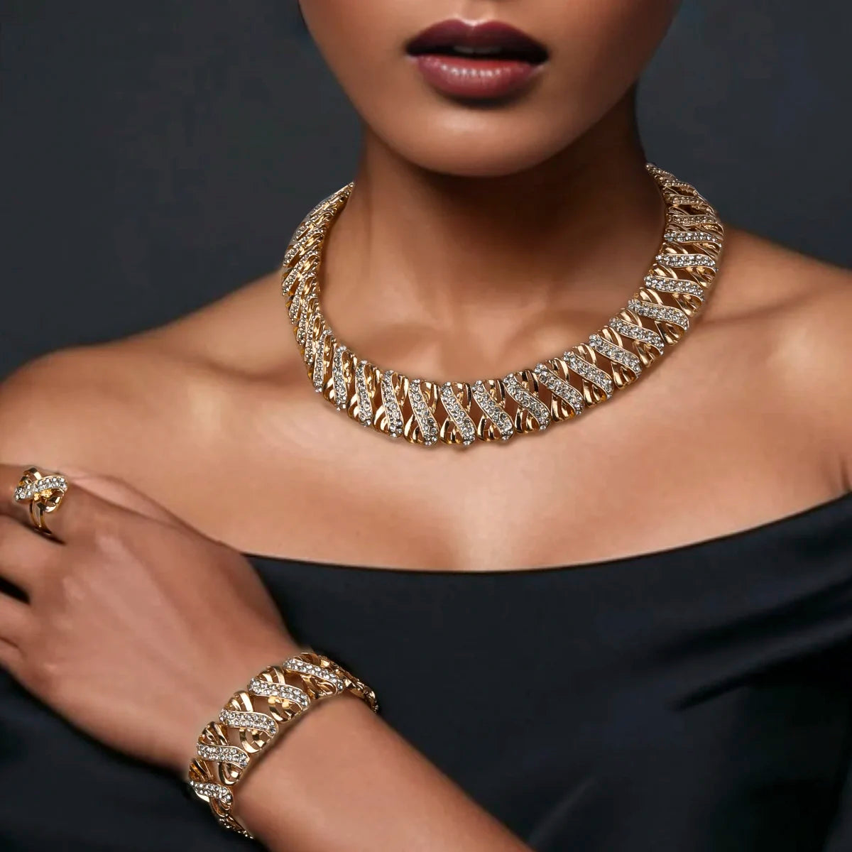 Fashion African Women Gold Color Earrings Bracelet Design Hollow Earrings Choker Necklace Bridal  Wedding Indian Party Jewelry