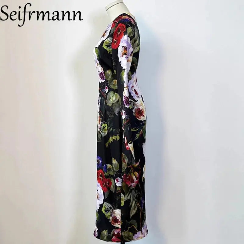 Model wearing the Midnight Floral Silk Dress, radiating elegance with a slim-fit design.