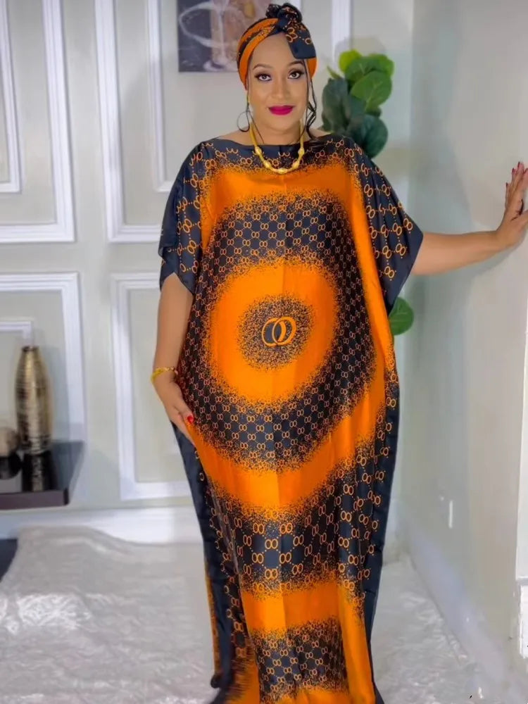 African Printed Silk Muslim Kaftan Hijab Long Dress