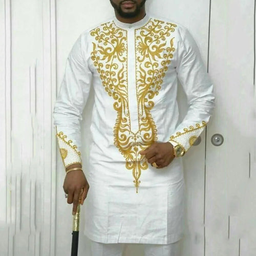 African round neck two-piece suit in traditional dashiki pattern for weddings and formal events