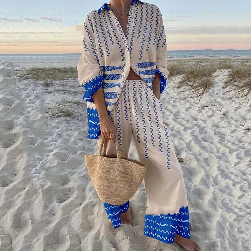 Stylish vacation wear: breezy two-piece set in light colors.