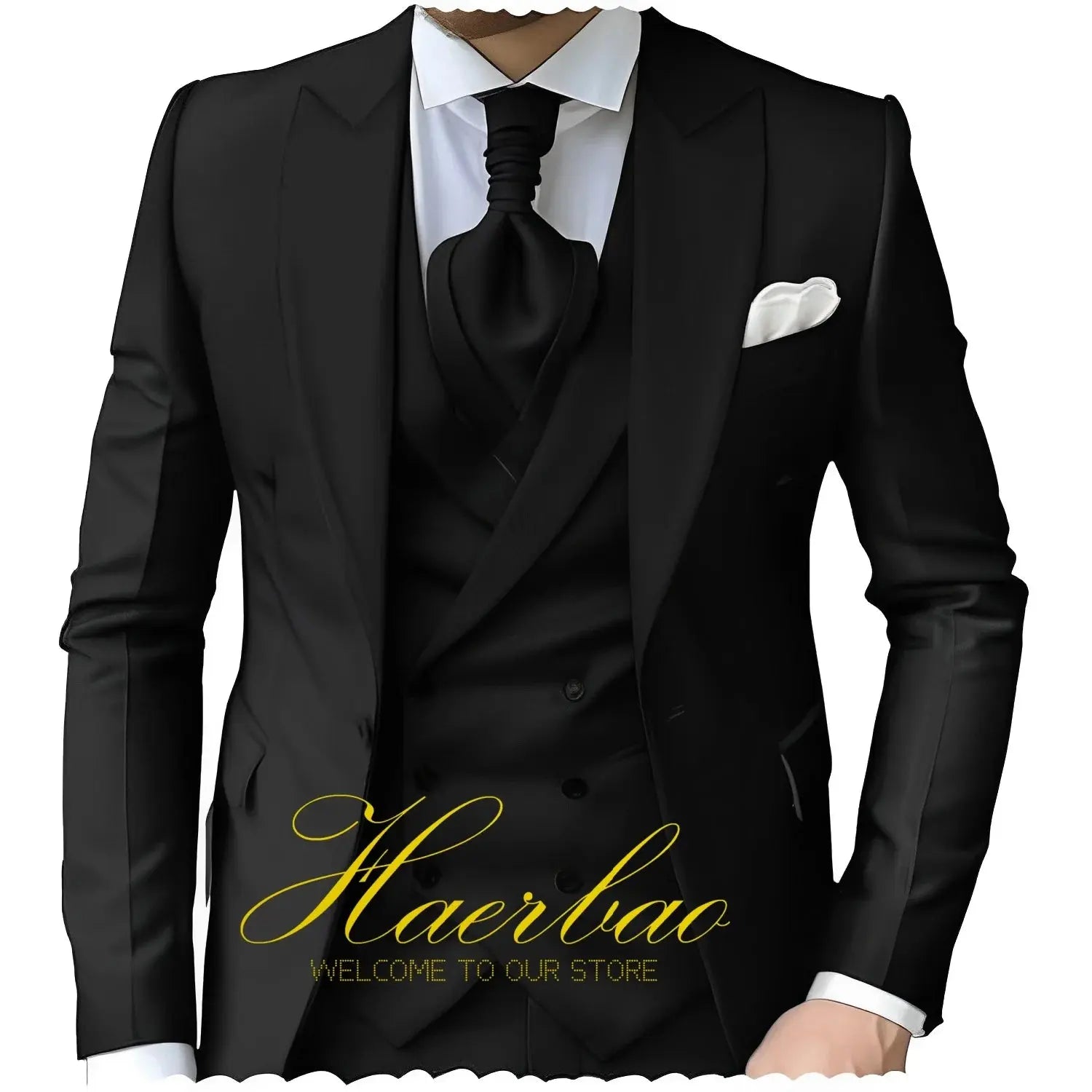 Full view of a man wearing a navy peak lapel three-piece suit at a formal event.