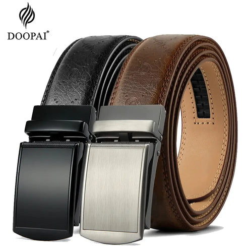 Sleek automatic leather belt with metallic zinc alloy buckle, perfect for professional attire.