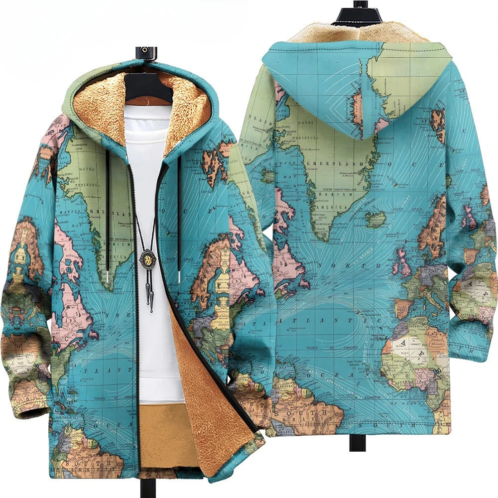 Abstract pattern puffer coat with functional hood and comfortable polyester lining