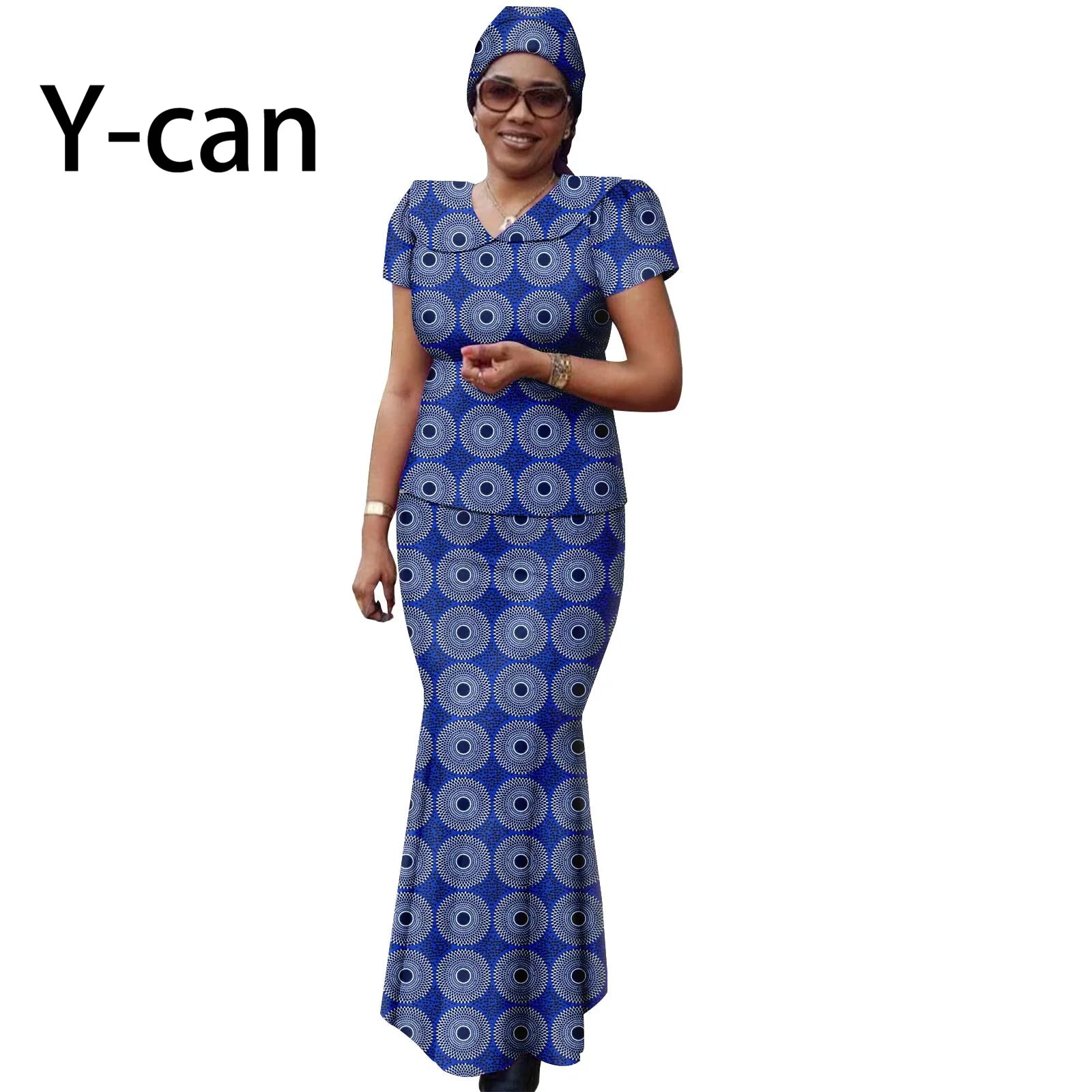 African Women Ankara Print Doll Collar Top, Skirt & Headscarf 3-Piece Set