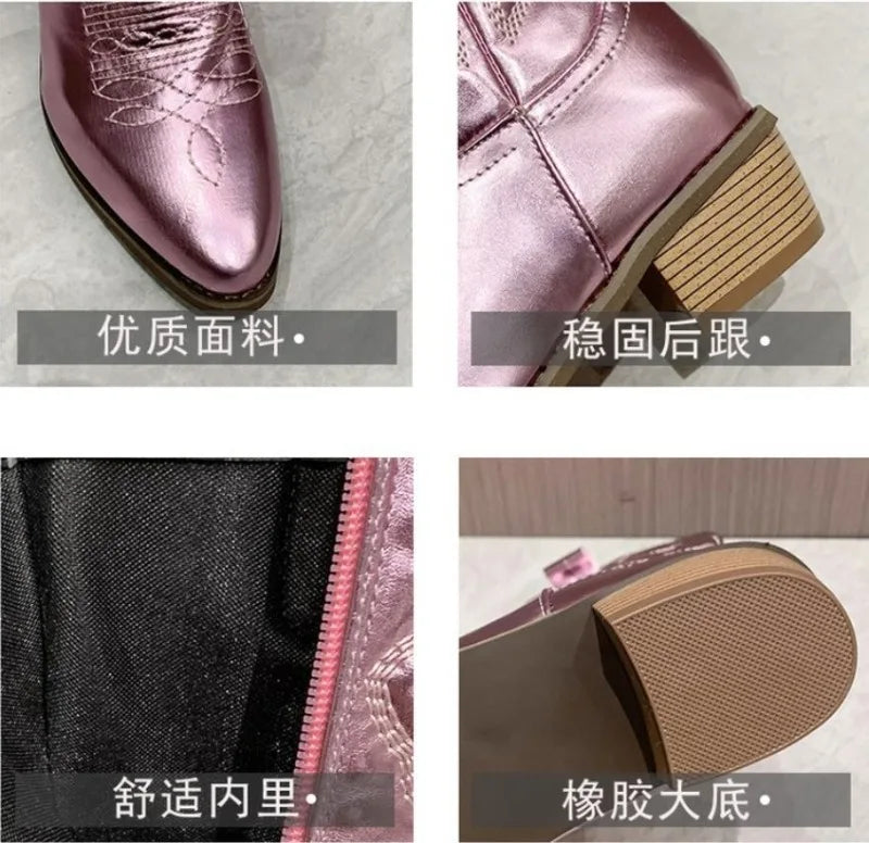 Comfortable slip-on boots featuring frontier-style embroidery and cushioned insole