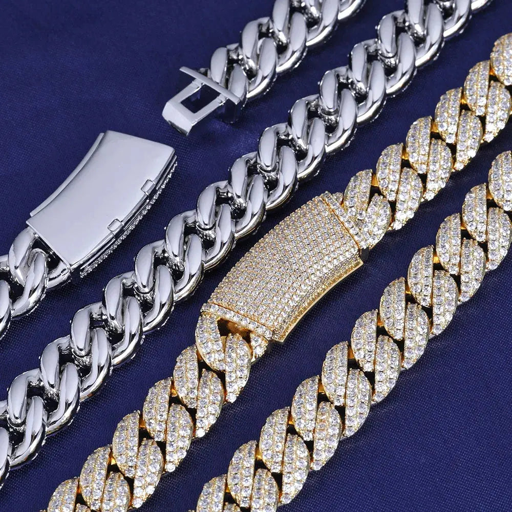 Man wearing iced out Miami Cuban chain necklace with zirconia stones, hip hop jewelry style
