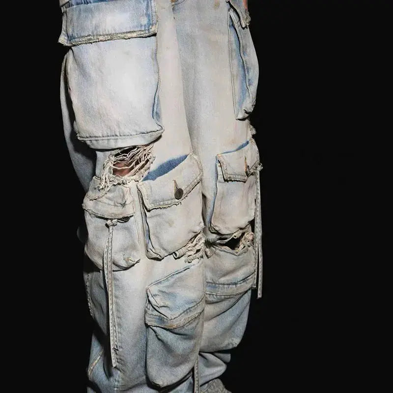 Close-up of the low-rise waist and wide-leg design of Rebel Spirit jeans.