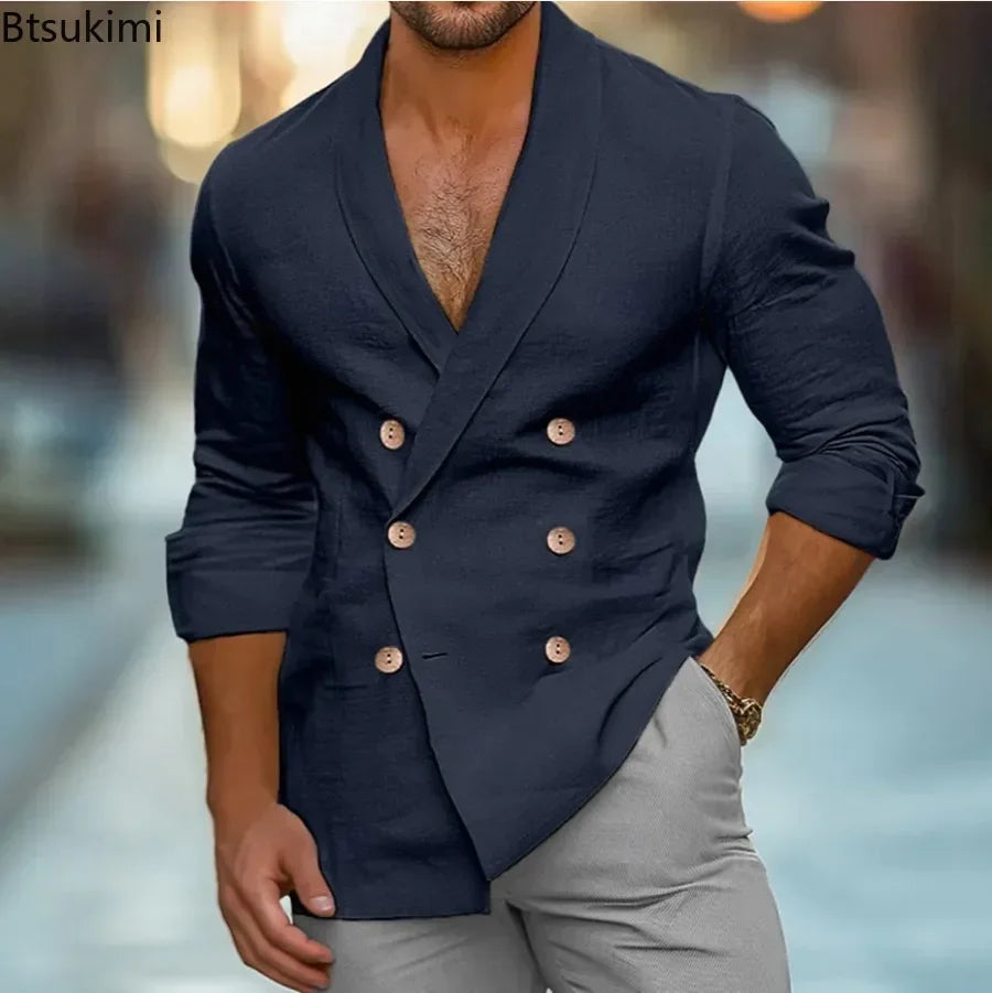 Back view of the double-breasted blazer highlighting clean lines and fit.