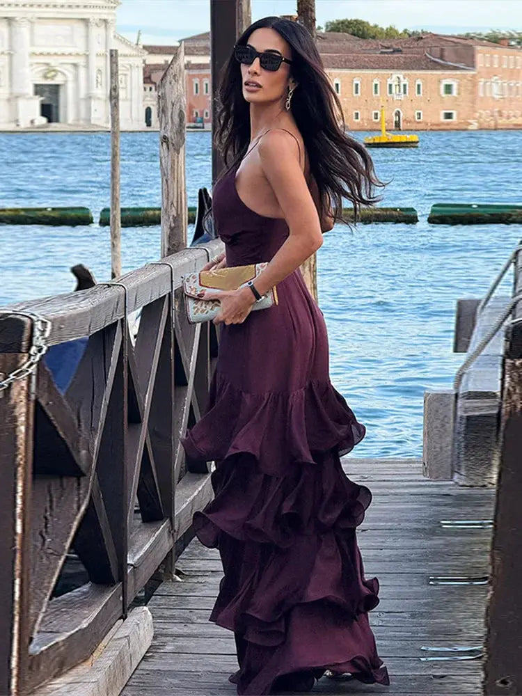 Model wearing the breathable evening gown, highlighting the secure halter neckline.