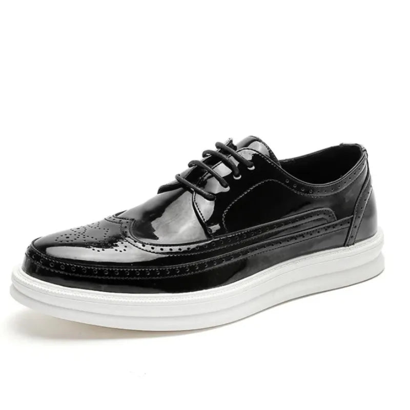 Black patent leather dress shoes with mirror-like glossy finish and lace-up closure for professional business wear