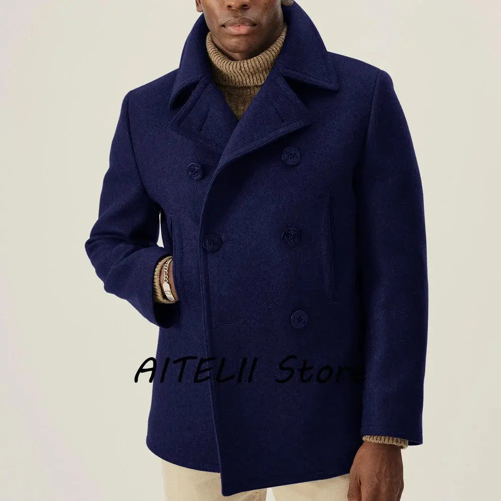 Side view of the navy winter coat, emphasizing its sophisticated silhouette.
