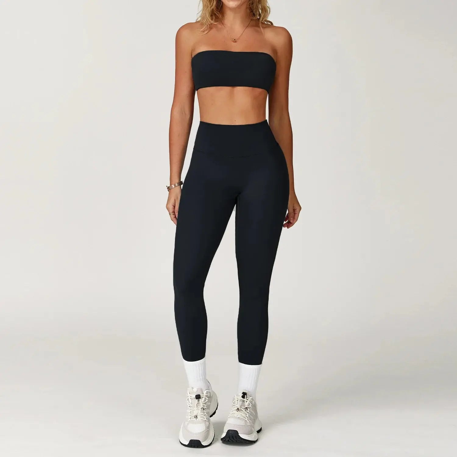 Seamless Comfort sports set displayed on a hanger, highlighting its all-season versatility.